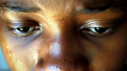 Closeup of a teenagers face filled with exhaustion as they struggle to balance work and school in order to support their family underscoring the impact of poverty on educational opportunities. . - obrazy, fototapety, plakaty