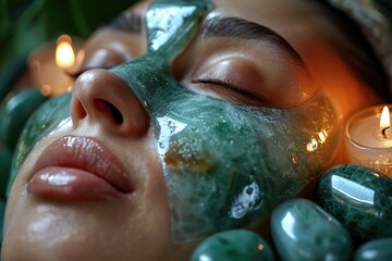 Fototapeta premium Close-up of a calming jade roller massage on the face, promoting lymphatic drainage