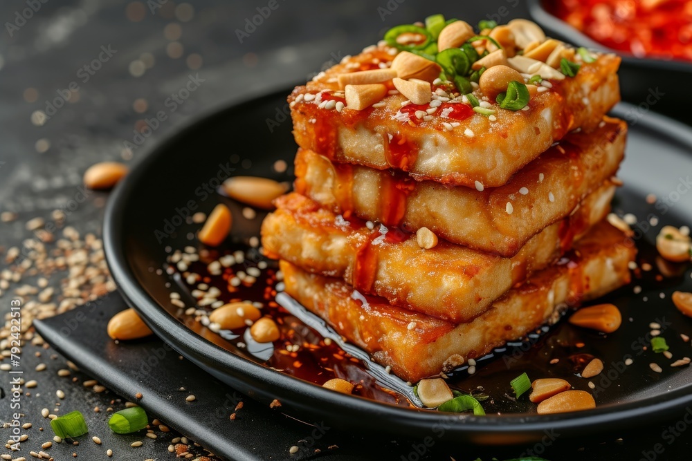 Sticker Tofu is topped with peanuts and sweet sauce on a black plate a popular dish at the vegetarian festival