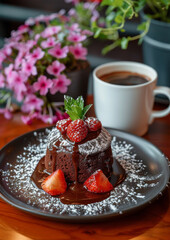 Delicious lava cake on dark plate next to a cup of fresh coffee. Topped with fresh berries. On bistro countertop. Close-up.