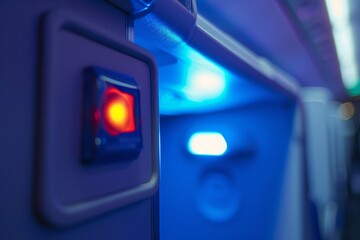 Top passenger seat light on flight with call button close up