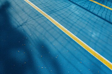 Top view of a blue rubberized and granulated sports ground with white yellow lines and a tennis net shadow