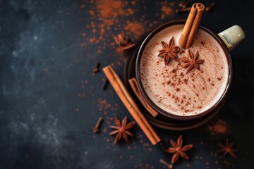 Top view of a square image showing a vintage mug of hot chocolate with cinnamon sticks on a dark...