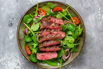 Top view of a steak salad with spinach arugula and sliced beef flank on a gray background