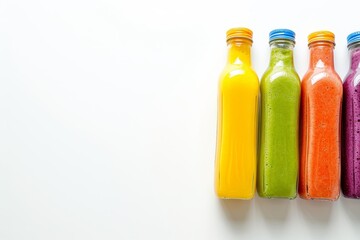 Top view of colorful smoothies in glass bottles on a white background