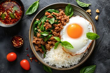 Top view of cooked rice topped with a fried egg and stir fried minced beef with garlic basil leaf and chili sauce Pad Kra pao - obrazy, fototapety, plakaty