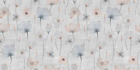 Floral seamless pattern with abstract flowers. Cute watercolor illustration in vintage style. Perfect for fabric, textile, apparel. Grey background.