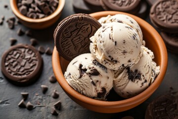 Top view of delicious ice cream with chocolate sandwich cookies in the background - obrazy, fototapety, plakaty