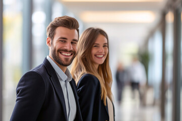 Happy businessman standing in the office lobby. Business concept.