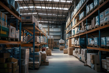 Warehouse interior with shelves full of goods. Industrial background.