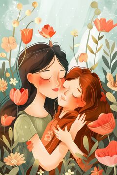 Two Women Hugging in a Field of Flowers
