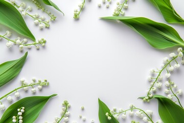 Fototapeta premium Top view of Lily of the valley flower frame on white background
