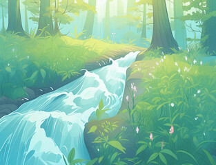 初夏の森の中を流れる綺麗な小川のアニメ風イラスト