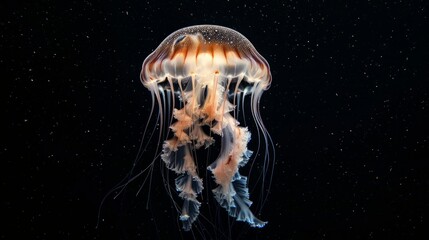 Jellyfish suspended in the void, a cosmic dance among the stars, shot in high fidelity against a stark black backdrop AI Generative.