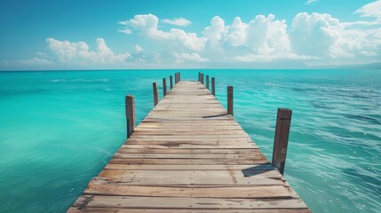 Obraz premium Idyllic wooden pier extending into the calm turquoise sea under a sunny sky, capturing the essence of tropical serenity AI Generative.