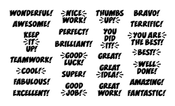 Naklejki Good Work, Well Done Complement Phrases Set. Motivational Inspirational Quotes for Work. Teamwork, Amazing, Perfect, Good Luck, Fabulous, Great Idea Slogan Word.