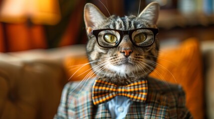 A cat exudes cool in sunglasses and bow tie, a true embodiment of sleek feline sophistication in a jazz lounge setting AI Generative. - obrazy, fototapety, plakaty