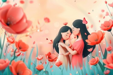 Two Women Standing in Field of Flowers