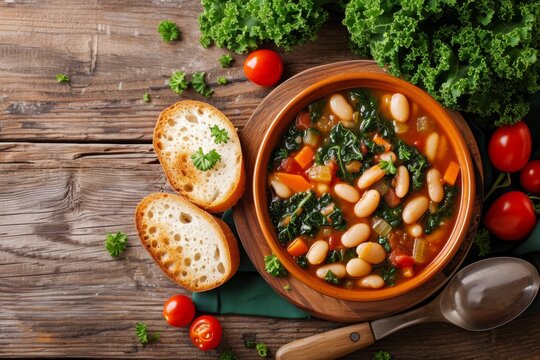 Top view of ribollita a typical Tuscan soup with beans kale and vegetables