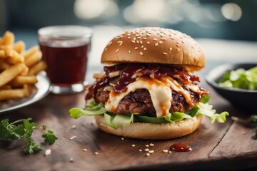 'homemade pulled pork burger coleslaw bbq sauce american bar-b-q bread bun cabbage classic closeup cola drink cole colourful dark delicious drip dripped fast food fresh freshness grilled hamburger' - Powered by Adobe