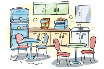 Cartoon cute doodles of a break room with empty tables and chairs, a coffee machine, and a refrigerator, Generative AI
