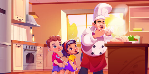 Professional chef cook food for kids in kitchen. Cooking equipment for busy chief in cap and cute small children in modern culinary room. 2d scene with meal preparation and happy man in uniform