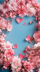 Pink Flowers and Hearts on a Blue Background