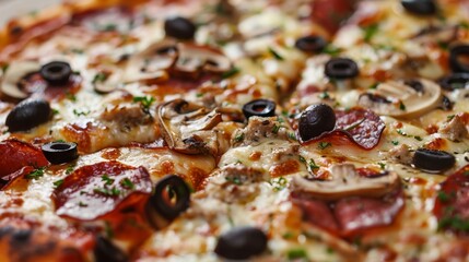 Closeup of a crispy woodfired pizza topped with a variety of fresh toppings such as prosciutto...