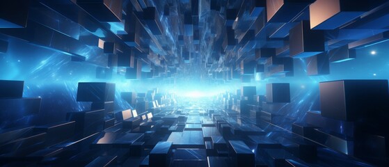 Naklejka premium A 3D rendering of a futuristic tunnel made of glowing blue cubes.