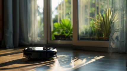 Vacuum cleaner, round, black, with dock station in the room, sunlight, close-up view. AI Generative. - obrazy, fototapety, plakaty