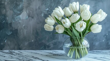 Serene composition of white tulips in a clear vase, AI Generative. - obrazy, fototapety, plakaty