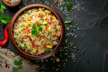 Traditional Chinese and Asian fried rice with egg and veggies in a ceramic bowl on a rustic concrete table Room for text