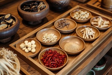 Traditional medicine display with wooden trays holding medication ginseng red ginseng and reishi mushrooms