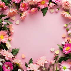 Pink Background With Flowers and Hearts