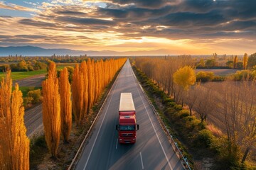 Trucks on the road surrounded by autumn countryside at sunset - obrazy, fototapety, plakaty