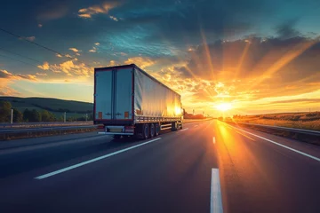 Foto op Canvas Truck transporting cargo on a highway during the evening with sunlight and sun rays © The Big L