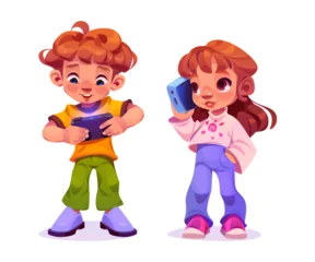Raamstickers Child play phone. Kid using mobile for game vector. Boy and girl children addict with smart electronic gadget. Baby gamer holding technology for texting, education and watching video illustration set © klyaksun