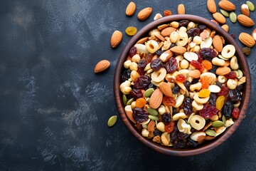 Vegetarian fitness energy bar snacks with trail mix of dried fruit raisins cranberry almonds seeds cashews hazelnuts and honey Close up view with c - obrazy, fototapety, plakaty
