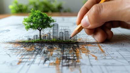 person sketching a sustainable green city concept with eco friendly buildings and a tree on paper representing urban planning and environmental conservation illustration