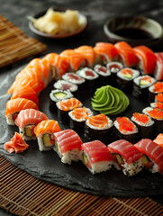 Assorted sushi platter with fresh ingredients. 