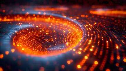 Abstract digital vortex with orange light particles. 