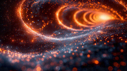 Glowing particles swirl in a cosmic orange vortex. 
