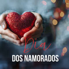 Hands Holding a Red Glittering Heart with Bokeh Lights for Dia dos Namorados - obrazy, fototapety, plakaty