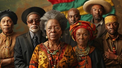 Elders in vibrant African attire against a backdrop of the Pan-African flag, embodying cultural pride