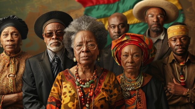 Elders in vibrant African attire against a backdrop of the Pan-African flag, embodying cultural pride