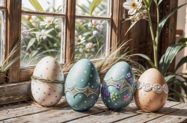 Easter decoration in a bright ornament with flowers and easter eggs - 792430111