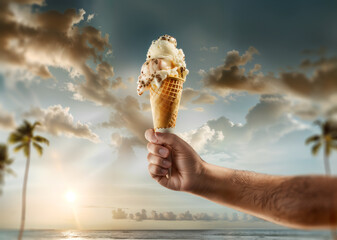 Tropical Beach Sunset with Melting Ice Cream Cone in Hand - 792430123