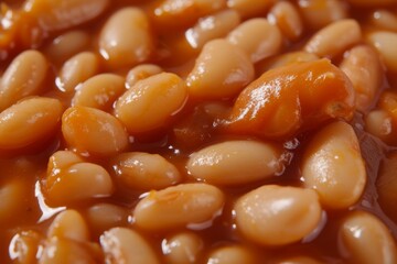 Zoomed in view of baked beans in tomato sauce