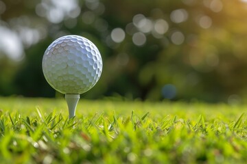 Zoomed in view of golf ball on tee - obrazy, fototapety, plakaty