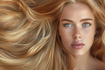 Naklejka premium Young woman with long blond hair in a portrait